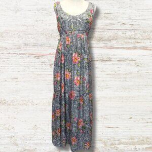 Johnny Was Black Floral Grid Maxi Dress Size L – Boho Sleeveless Tie Waist